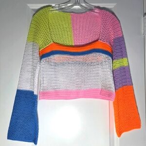 Color Block Multicolor Cropped Crochet Sweater Size Medium